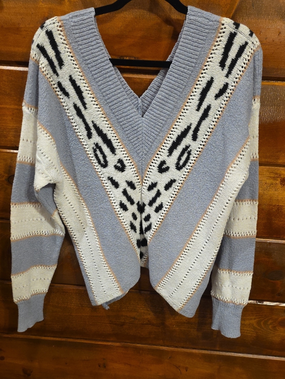 SHEIN Light Blue, Cream & Black V-Neck Patterned Sweater